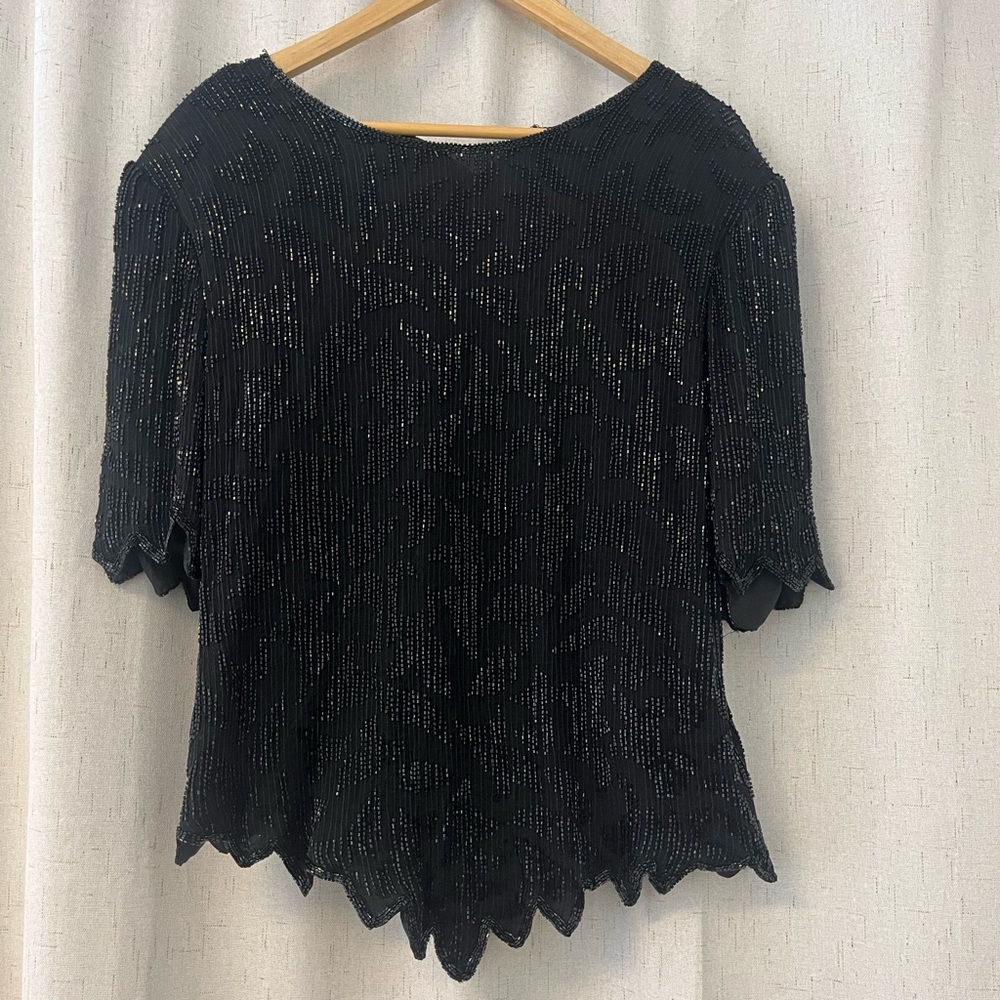 Vintage Beaded Laurence Kazar Black 100% Silk Shirt
